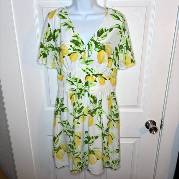 LOFT White Yellow Fluttler Sleeve Lemon Print Mini Dress 6 Has Pockets! NWT - Picture 5 of 13